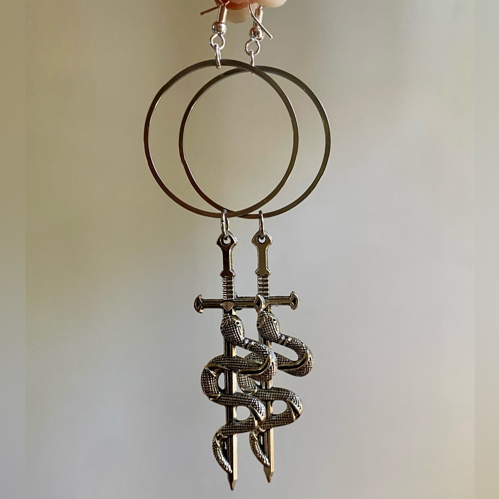 Oversized Metal Snake & Sword Earrings